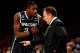 NEW YORK, NY - MARCH 28: Head coach Tom Izzo of the Michigan State Spartans talks with Branden Dawson #22 against the Virginia Cavaliers during the regional semifinal of the 2014 NCAA Men's Basketball Tournament at Madison Square Garden on March 28, 2014 in New York City. (Photo by Elsa/Getty Images)
