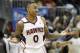 Apr 24, 2014; Atlanta, GA, USA; Atlanta Hawks guard Jeff Teague (0) shows emotion after making a shot against the Indiana Pacers in the fourth quarter in game three of the first round of the 2014 NBA Playoffs at Philips Arena. The Hawks defeated the Pacers 98-85. Mandatory Credit: Brett Davis-USA TODAY Sports