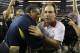 Alabama head coach Nick Saban, right, and Michigan head coach Brady Hoke hug after their NCAA college football game at Cowboys Stadium in Arlington, Texas, Saturday, Sept. 1, 2012. Alabama won 41-14. (AP Photo/LM Otero)