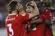 Sevilla's Coke celebrates on the end their Europa League semifinal second leg soccer match against Valencia at the Mestalla stadium in Valencia, Spain, Thursday, May 1, 2014. alencia lost 2-0 in the first leg at Sevilla. The game ended 3-1 and Sevilla qualified for the final Europa League. (AP Photo/Alberto Saiz)