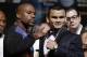 Floyd Mayweather Jr., left, and Marcos Maidana pose for photos during a news conference Wednesday, April 30, 2014, in Las Vegas. The pair square off in a welterweight title fight on Saturday, May 3. (AP Photo/Isaac Brekken)