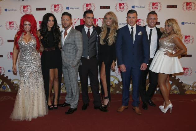 The cast of Geordie Shore arrive on the red carpet of the 2012 MTV European Music Awards show at the Festhalle in Frankfurt, central Germany, Sunday, Nov. 11, 2012. (AP Photo/Frank Augstein)