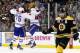 Montreal Canadiens defenseman Francis Bouillon jumps with defenseman P.K. Subban (76) to celebrate his goal as Boston Bruins center David Krejci, right, skates away during the third period in Game 1 of an NHL hockey second-round playoff series in Boston, Thursday, May 1, 2014. (AP Photo/Elise Amendola)
