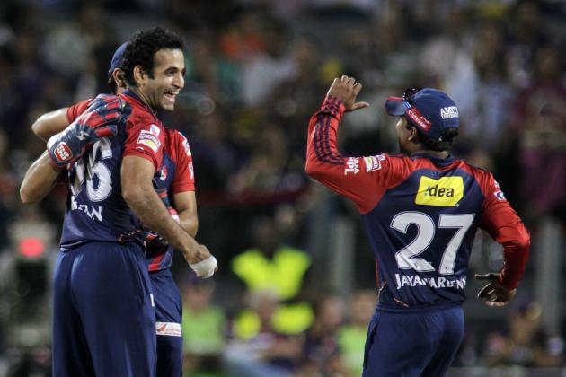 Delhi Daredevils Irfan Pathan, left, celebrates the wicket of Kolkatta Knight Riders batsman Shakib Al Hasan during their Indian Premier League (IPL) cricket playoff match in Pune, India, Tuesday, May 22, 2012. (AP Photo/Rajanish Kakade)