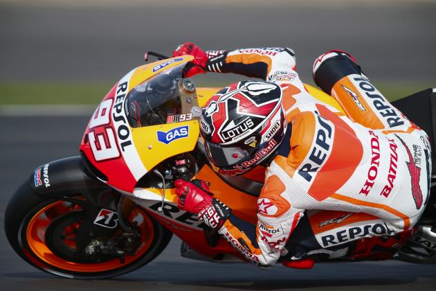 NORTHAMPTON, ENGLAND - SEPTEMBER 01: Marc Marquez of Spain and Repsol Honda in action during the early morning warm up session prior to the Moto GP of great Britain at Silverstone Circuit on September 1, 2013 in Northampton, England. (Photo by Mark Thompson/Getty Images)