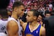 Los Angeles Clippers forward Blake Griffin, left, hugs Golden State Warriors guard Stephen Curry after Game 7 of an opening-round NBA basketball playoff series, Saturday, May 3, 2014, in Los Angeles. The Clippers won 126-121. (AP Photo/Mark J. Terrill)