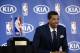 Philadelphia 76ers' Michael Carter-Williams smiles during a news conference where he received the NBA Rookie of the Year award at the team's practice facility, Monday, May 5, 2014, in Philadelphia. (AP Photo/Matt Slocum)