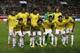Brazil's national soccer team players, back row from left, Daniel Alves, Jo, Dante, Jefferson and David Luiz, front row from left, Oscar, Paulinho, Marcelo, Neymar, Hulk and Luiz Gustavo pose for pictures before their friendly soccer match against South Korea at Seoul World Cup Stadium in Seoul, South Korea, Saturday, Oct.12, 2013. (AP Photo/Lee Jin-man)