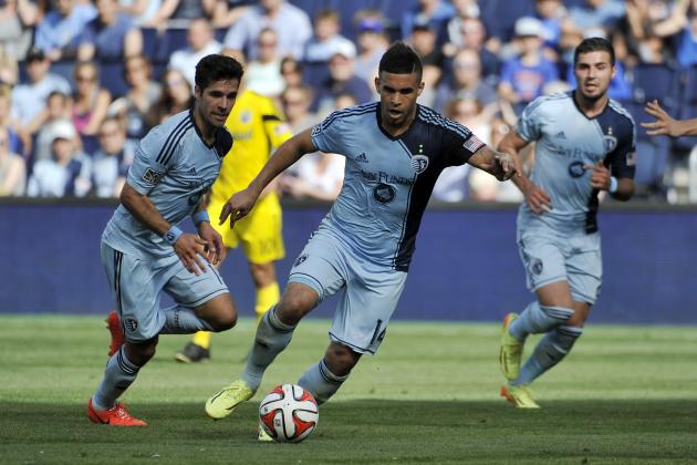 May 4, 2014; Kansas City, KS, USA; Sporting KC forward Dom Dwyer (14) controls the ball against the Columbus Crew during the second half at Sporting Park. Sporting KC defeats Columbus Crew 2-0. Mandatory Credit: Jasen Vinlove-USA TODAY Sports