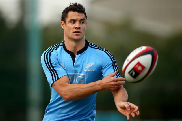 TOKYO, JAPAN - OCTOBER 31: Dan Carter of the All Blacks passes during a New Zealand All Blacks training session at the Kubota Rugby Club on October 31, 2013 in Tokyo, Japan. (Photo by Phil Walter/Getty Images)