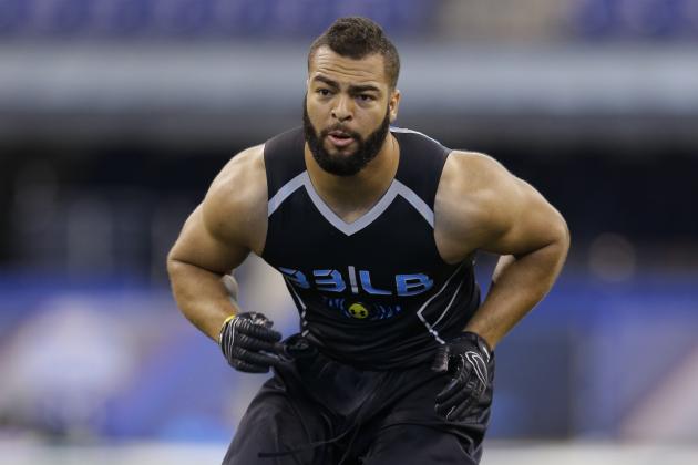 Brigham Young linebacker Kyle Van Noy runs a drill at the NFL football scouting combine in Indianapolis, Monday, Feb. 24, 2014. (AP Photo/Michael Conroy)
