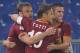 ROME, ITALY - SEPTEMBER 29: Alessandro Florenzi (not seen) with his team mates Daniele De Rossi (L), Francesco Totti and Kevin Strootman of AS Roma celebrates after scoring the opening goal during the Serie A match between AS Roma and Bologna FC at the Stadio Olimpico on September 29, 2013 in Rome, Italy. (Photo by Paolo Bruno/Getty Images)