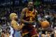 Feb 26, 2014; Oklahoma City, OK, USA; Cleveland Cavaliers small forward Luol Deng (9) handles the ball against Oklahoma City Thunder point guard Derek Fisher (6) during the second quarter at Chesapeake Energy Arena. Mandatory Credit: Mark D. Smith-USA TODAY Sports
