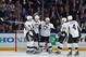 NEW YORK, NY - MAY 07: Evgeni Malkin #71, Chris Kunitz #14, Brooks Orpik #44, Sidney Crosby #87 and Rob Scuderi #4 of the Pittsburgh Penguins celebrate after a first period goal against the New York Rangers in Game Four of the Second Round of the 2014 Stanley Cup Playoffs at Madison Square Garden on May 07, 2014 in New York City. (Photo by Scott Levy/NHLI via Getty Images)