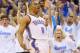 OKLAHOMA CITY, OK - MAY 07: Russell Westbrook #0 of the Oklahoma City Thunder celebrates a three-point shot against the Los Angeles Clippers in Game Two of the Western Conference Semifinals during the 2014 NBA Playoffs at Chesapeake Energy Arena on May 7, 2014 in Oklahoma City, Oklahoma. NOTE TO USER: User expressly acknowledges and agrees that, by downloading and or using this photograph, User is consenting to the terms and conditions of the Getty Images License Agreement. (Photo by Ronald Martinez/Getty Images)