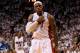 MIAMI, FL - MAY 06: LeBron James #6 of the Miami Heat reacts to a play during Game One of the Eastern Conference Semifinals of the 2014 NBA Playoffs against the Brooklyn Nets at American Airlines Arena on May 6, 2014 in Miami, Florida. NOTE TO USER: User expressly acknowledges and agrees that, by downloading and/or using this photograph, user is consenting to the terms and conditions of the Getty Images License Agreement. Mandatory copyright notice: (Photo by Mike Ehrmann/Getty Images)