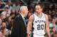 SAN ANTONIO, TX - MAY 6: Manu Ginobili #20 of the San Antonio Spurs talks with Head Coach Gregg Popovich in Game One of the Western Conference Semi-Finals against the Portland Trail Blazers during the 2014 NBA Playoffs at AT&T Center on May 6, 2014 in San Antonio, Texas. NOTE TO USER: User expressly acknowledges and agrees that, by downloading and/or using this Photograph, user is consenting to the terms and conditions of the Getty Images License Agreement. Mandatory Copyright Notice: Copyright 2014 NBAE (Photo by Garrett Ellwood/NBAE via Getty Images)