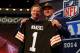NEW YORK, NY - MAY 08: Johnny Manziel of the Texas A&M Aggies poses with NFL Commissioner Roger Goodell after he was picked #22 overall by the Cleveland Browns during the first round of the 2014 NFL Draft at Radio City Music Hall on May 8, 2014 in New York City. (Photo by Elsa/Getty Images)