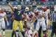 Dec 28, 2013; Bronx, NY, USA; Notre Dame Fighting Irish defensive end Stephon Tuitt (7) celebrates after sacking Rutgers Scarlet Knights quarterback Chas Dodd (19) in the fourth quarter of the Pinstripe Bowl at Yankee Stadium. Notre Dame won 29-16. Mandatory Credit: Matt Cashore-USA TODAY Sports