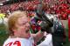 Ohio State offensive linesman Jack Mewhort (74) celebrates with the wooden turtle trophy named Illibuck after beating Illinois during an NCAA college football game on Saturday, Nov. 16, 2013, in Champaign, Ill. Ohio State won the game 60-35. Illibuck is a carved wooden turtle that serves as the trophy awarded to the winner of the game since 1925. (AP Photo/Jeff Haynes)