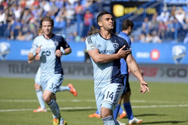 May 10, 2014; Montreal, Quebec, CAN; Sporting KC forward Dom Dwyer (14) reacts after scoring a goal against the Montreal Impact during the first half at Stade Saputo. Mandatory Credit: Eric Bolte-USA TODAY Sports