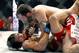 May 10, 2014; Cincinnati, OH, USA; Matt Brown (red gloves) fights Erick Silva (blue gloves) during a welterweight bout at US Bank Arena. Mandatory Credit: Joe Maiorana-USA TODAY Sports