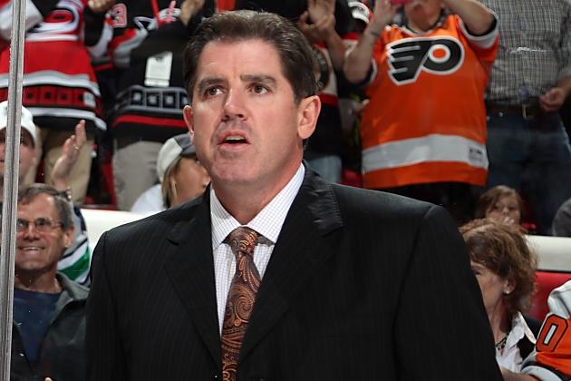 RALEIGH, NC - OCTOBER 06: Head Coach Peter Laviolette of the Philadelphia Flyers watches action on the ice during an NHL game against the Carolina Hurricanes on October 6, 2013 at PNC Arena in Raleigh, North Carolina. (Photo by Gregg Forwerck/NHLI via Getty Images) (Photo by Gregg Forwerck/NHLI via Getty Images)