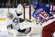 Pittsburgh Penguins goalie Marc-Andre Fleury (29) blocks a shot by New York Rangers right wing Martin St. Louis (26) in the second period of their second-round NHL Stanley Cup hockey playoff game at Madison Square Garden in New York, Monday, May 5, 2014. (AP Photo/Kathy Willens)