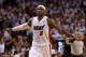 MIAMI, FL - MAY 06: LeBron James #6 of the Miami Heat looks on during Game One of the Eastern Conference Semifinals of the 2014 NBA Playoffs against the Brooklyn Nets at American Airlines Arena on May 6, 2014 in Miami, Florida. NOTE TO USER: User expressly acknowledges and agrees that, by downloading and/or using this photograph, user is consenting to the terms and conditions of the Getty Images License Agreement. Mandatory copyright notice: (Photo by Mike Ehrmann/Getty Images)