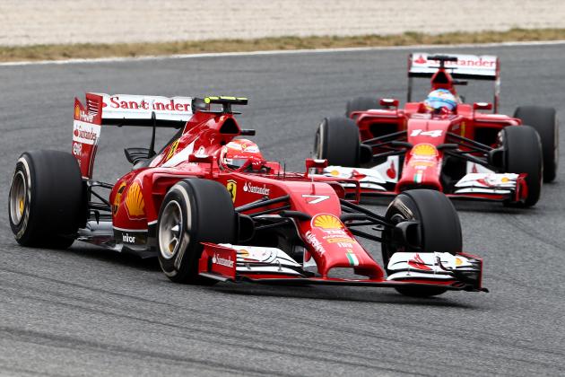 MONTMELO, SPAIN - MAY 11:  Kimi Raikkonen of Finland and Ferrari is followed by teammate Fernando Alonso of Spain and Ferrari during the Spanish Formula One Grand Prix at Circuit de Catalunya on May 11, 2014 in Montmelo, Spain.  (Photo by Clive Mason/Getty Images)