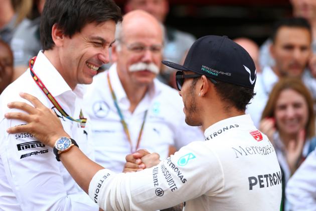 MONTMELO, SPAIN - MAY 11:  Lewis Hamilton of Great Britain and Mercedes GP shakes hands with Mercedes GP Executive Director Toto Wolff after his victory in the Spanish Formula One Grand Prix at Circuit de Catalunya on May 11, 2014 in Montmelo, Spain.  (Photo by Mark Thompson/Getty Images)