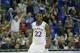 Kansas guard Andrew Wiggins (22) during overtime of an NCAA college basketball game against Oklahoma State in the quarterfinals of the Big 12 Conference men's tournament in Kansas City, Mo., Thursday, March 13, 2014. Kansas defeated Oklahoma State 77-70 in overtime. (AP Photo/Orlin Wagner)