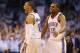 OKLAHOMA CITY, OK - MAY 13: (L-R) Russell Westbrook #0 and Kevin Durant celebrate a 105-104 win against the Los Angeles Clippers in Game Five of the Western Conference Semifinals during the 2014 NBA Playoffs at Chesapeake Energy Arena on May 13, 2014 in Oklahoma City, Oklahoma. NOTE TO USER: User expressly acknowledges and agrees that, by downloading and or using this photograph, User is consenting to the terms and conditions of the Getty Images License Agreement. (Photo by Ronald Martinez/Getty Images)