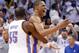 Oklahoma City Thunder forward Kevin Durant (35) celebrates with teammate Russell Westbrook, right, at the end of Game 5 of the Western Conference semifinal NBA basketball playoff series against the Los Angeles Clippers in Oklahoma City, Tuesday, May 13, 2014. Oklahoma City won 105-104. (AP Photo)