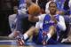 Los Angeles Clippers guard Chris Paul (3) falls out of bounds with the ball in the second half of Game 5 of the Western Conference semifinal NBA basketball playoff series against the Oklahoma City Thunder in Oklahoma City, Tuesday, May 13, 2014. Oklahoma City won 105-104. (AP Photo)