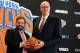 NEW YORK, NY - MARCH 18: James Dolan, L, Executive Chairman of Madison Square Garden, stands with Phil Jackson during the press conference to announce Jackson as President of the New York Knicks at Madison Square Garden on March 18, 2014 in New York City. (Photo by Maddie Meyer/Getty Images)