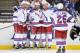 PITTSBURGH, PA - MAY 13: Ryan McDonagh #27, Chris Kreider #20, Brad Richards #19, Derek Stepan #21 and Martin St. Louis #26, all of the New York Rangers, celebrate Richards' second period power play goal against the Pittsburgh Penguins in Game Seven of the Second Round of the 2014 NHL Stanley Cup Playoffs on May 13, 2014 at CONSOL Energy Center in Pittsburgh, Pennsylvania. (Photo by Jamie Sabau/Getty Images)