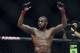 Apr 26, 2014; Baltimore, MD, USA; Jon Jones puts his arms in the air after the UFC light heavy weight championship fight against Glover Texeira at Baltimore Arena. Jones retained the light heavy height championship by defeating Teixeria. Mandatory Credit: Tommy Gilligan-USA TODAY Sports
