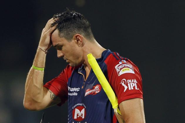Delhi Daredevils' Kevin Pietersen reacts as he leaves the ground after his dismissal by Pune Warriors' Sourav Ganguly, unseen, during their Indian Premier League (IPL) match in New Delhi, India, Saturday, April 21, 2012. (AP Photo)