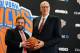 NEW YORK, NY - MARCH 18: James Dolan, L, Executive Chairman of Madison Square Garden, stands with Phil Jackson during the press conference to announce Jackson as President of the New York Knicks at Madison Square Garden on March 18, 2014 in New York City. (Photo by Maddie Meyer/Getty Images)