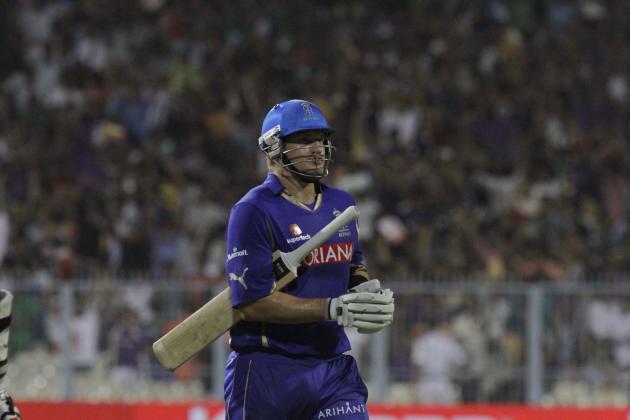 Rajasthan Royals batsman Shane Watson walks back after his dismissal during the Indian Premier League (IPL) cricket match against Kolkata Knight Riders in Kolkata, India, Sunday, April 17, 2011. (AP Photo/Bikas Das)