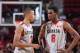 PORTLAND, OR - APRIL 20: Dante Exum #7 talks with Andrew Wiggins #8 of the World Select Team talks against the USA Junior Select Team during the game on April 20, 2013 at the Rose Garden Arena in Portland, Oregon. NOTE TO USER: User expressly acknowledges and agrees that, by downloading and or using this photograph, User is consenting to the terms and conditions of the License Agreement. Mandatory Copyright Notice: Copyright 2012 (Photo by Sam Forencich)