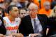 Feb 3, 2014; Syracuse, NY, USA; Syracuse Orange head coach Jim Boeheim (right) talks with guard Tyler Ennis (left) against the Notre Dame Fighting Irish during the first half at the Carrier Dome. Syracuse defeated Notre Dame 61-55. Mandatory Credit: Rich Barnes-USA TODAY Sports