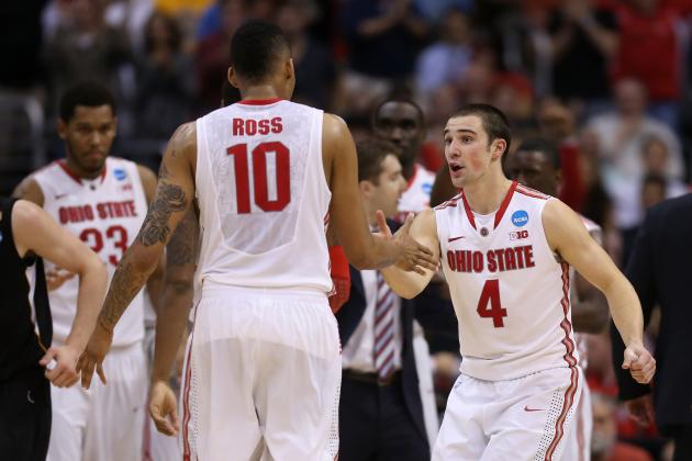 LOS ANGELES, CA - MARCH 30:  Aaron Craft #4 of the Ohio State Buckeyes gives teammate LaQuinton Ross #10 a five in the second half while taking on the Wichita State Shockers during the West Regional Final of the 2013 NCAA Men's Basketball Tournament at Staples Center on March 30, 2013 in Los Angeles, California.  (Photo by Jeff Gross/Getty Images)