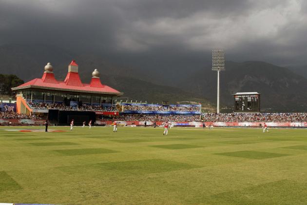 Dark clouds hover over the HPCA stadium during an Indian Premier League (IPL) match between Deccan Chargers and Kings XI Punjab in Dharmsala, India, Saturday, May 21, 2011. (AP Photo/Ashwini Bhatia)