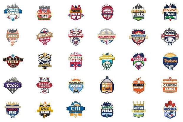 35 logos of the 30 MLB teams (some repeating)