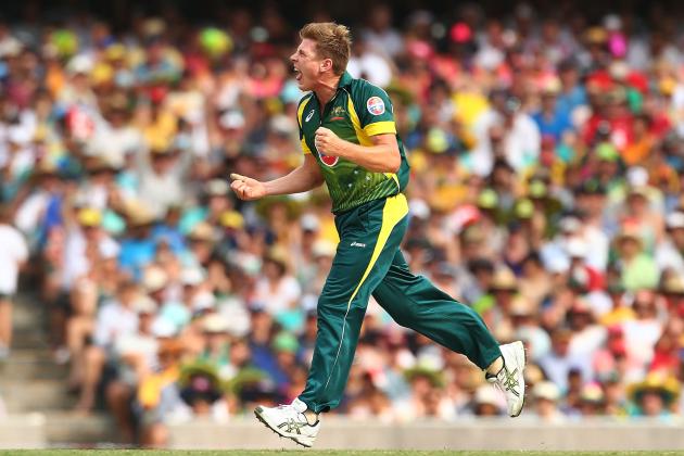 SYDNEY, AUSTRALIA - JANUARY 19:  James Faulkner of Australia celebrates the wicket of Ravi Bopara of England during game three of the One Day International Series between Australia and England at Sydney Cricket Ground on January 19, 2014 in Sydney, Australia.  (Photo by Mark Nolan/Getty Images)