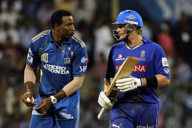 Rajasthan Royals' Shane Watson and Mumbai Indians' Kieron Pollard interact during the Indian Premier League (IPL) cricket match in Mumbai, India, Friday, May 20, 2011.(AP Photo/Rajanish Kakade)
