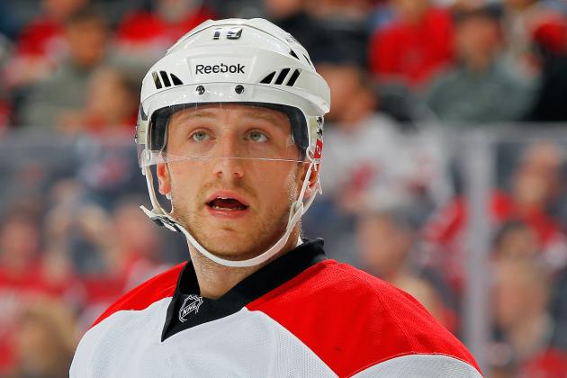 NEWARK, NJ - MARCH 08: Jiri Tlusty #19 of the Carolina Hurricanes looks on against the New Jersey Devils during the game at the Prudential Center on March 8, 2014 in Newark, New Jersey. (Photo by Andy Marlin/NHLI via Getty Images)