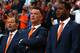 AMSTERDAM, NETHERLANDS - MAY 17: Holland manager Louis van Gaal stands with assistant managers Danny Blind (L) and Patrick Kluivert (R) during the International Friendly match between The Netherlands and Ecuador at The Amsterdam Arena on May 17, 2014 in Amsterdam, Netherlands. (Photo by Charlie Crowhurst/Getty Images)